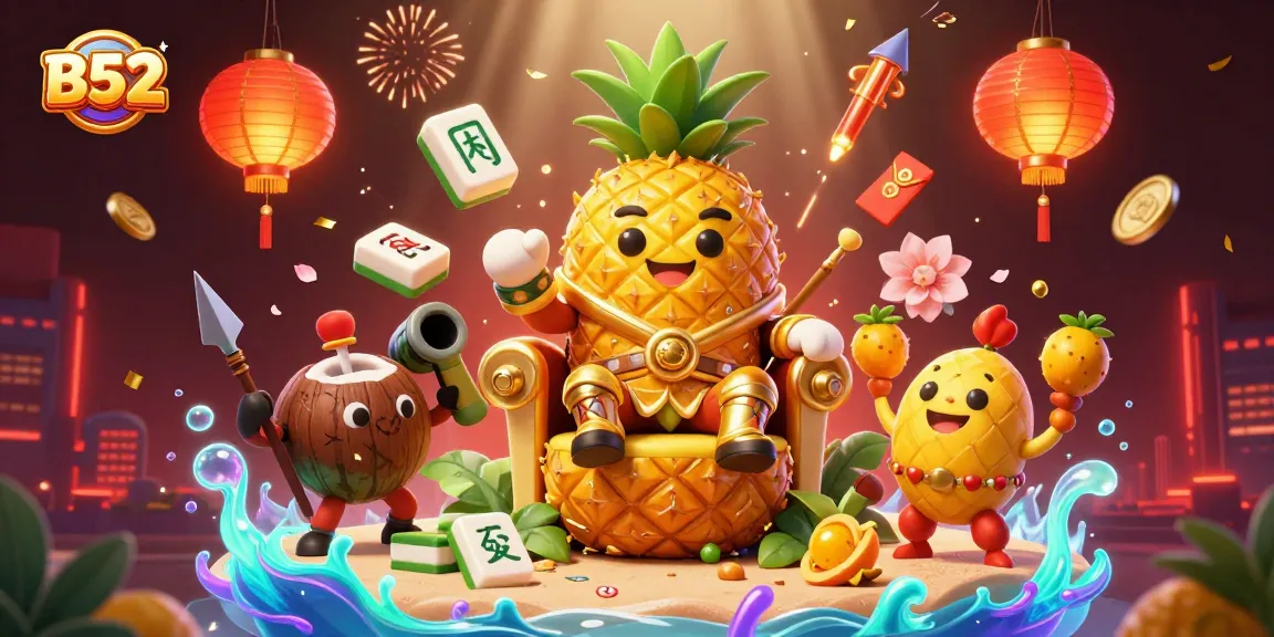 B52 casino scene with a golden pineapple king, exciting gameplay, vibrant characters, and dynamic elements.