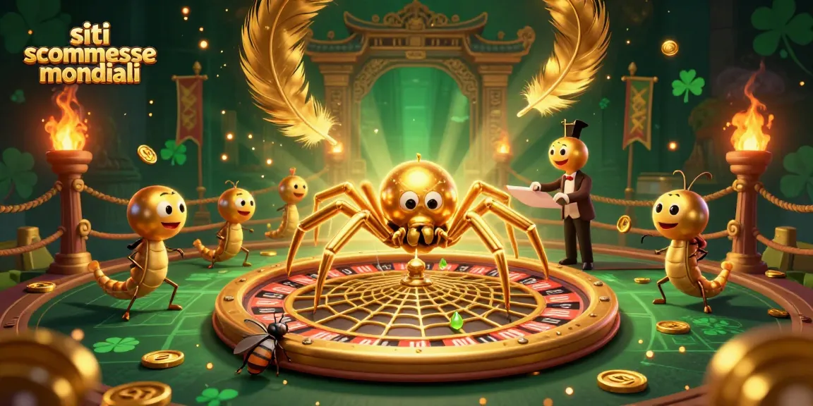 Siti scommesse mondiali: una scena di scommesse avvincenti con una ragnatela a forma di roulette, un ragno d'oro e un croupier millepiedi.