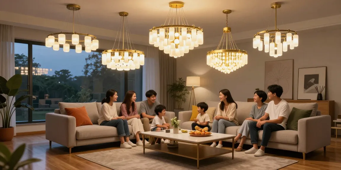 Lustre LED moderne în living, familie bucurându-se de atmosferă caldă