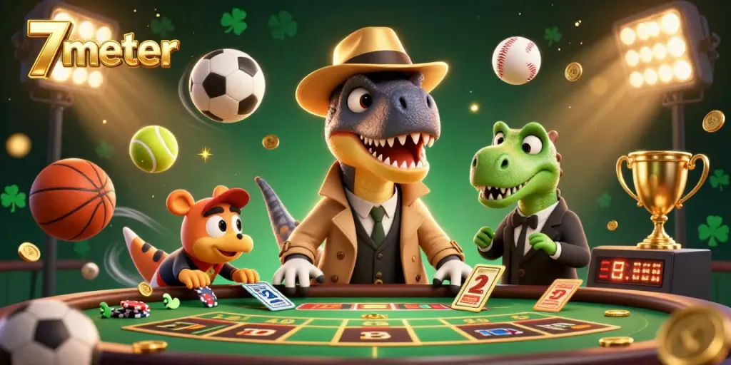 Betting scene showcasing 7meter's dynamic gameplay with cartoon dinosaurs and vibrant sports elements.