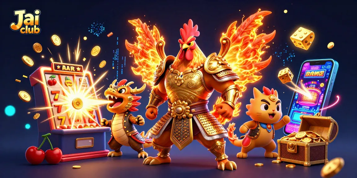 Jai club showcases exciting slot games with a 3D cartoon rooster and dragon in a vibrant casino scene.