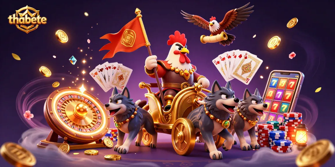 Experience exciting gaming at thabete with a dynamic scene of vibrant casino elements and a cartoon adventure.