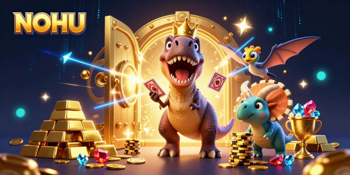 NOHU's casino adventure features a T-Rex shuffling cards with gold chips stacked by a triceratops.