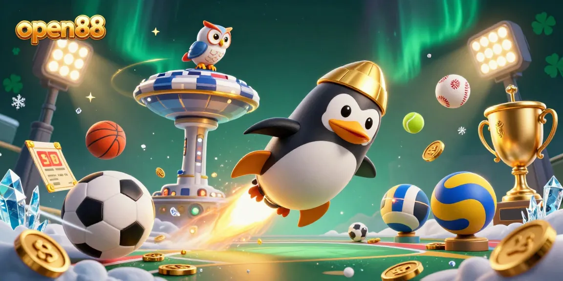 Play open88 as a golden penguin flies through a casino-themed space adventure.