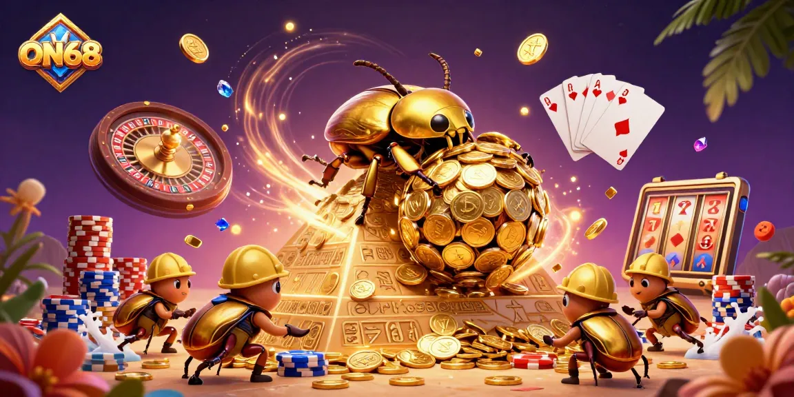 Experience the fun of ON68 with vibrant casino imagery featuring golden coins and animated roulette.