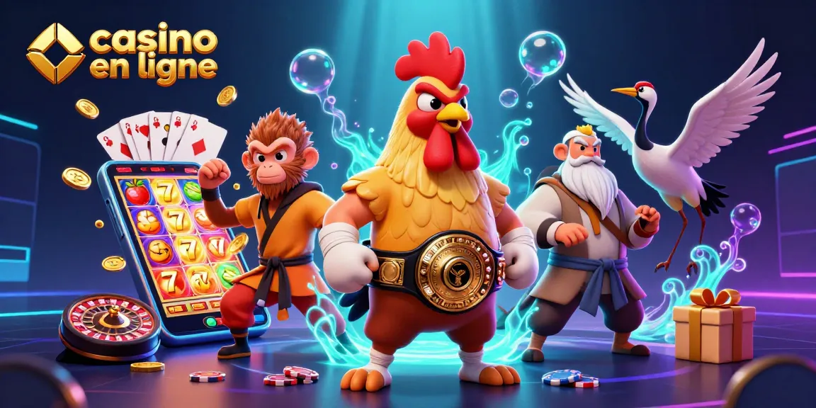 Jouez au casino en ligne avec une illustration 3D colorée présentant des personnages de combats et des éléments de jeu captivants.