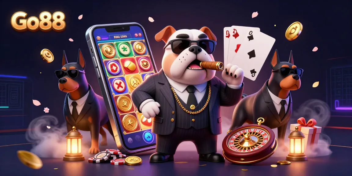 Experience Go88's thrilling action with a 3D mafia boss bulldog and dynamic casino elements.