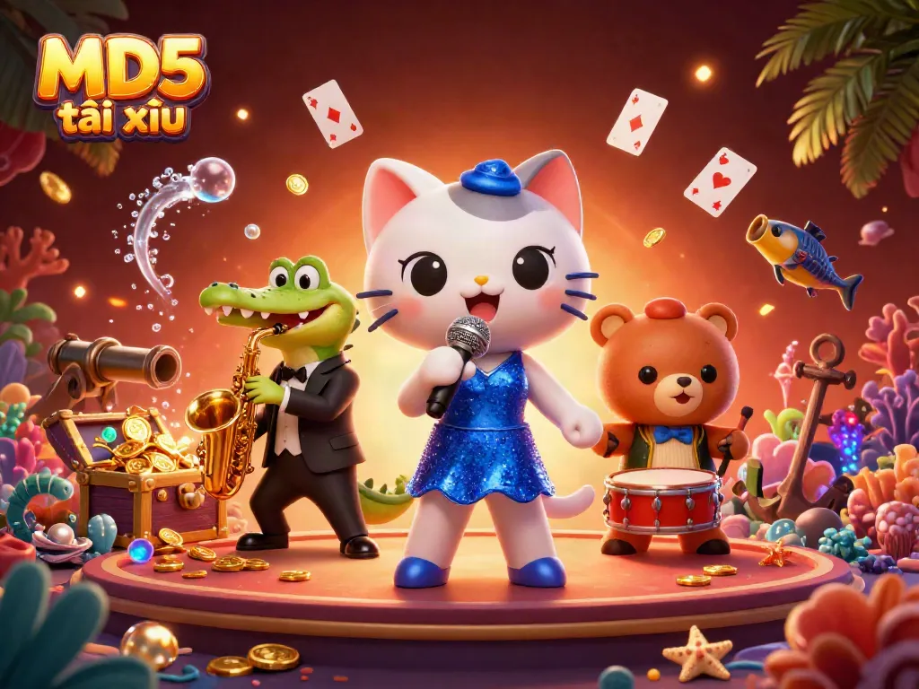 Engage in the excitement of MD5 tài xỉu with a jazzy scene of animated casino characters performing in vibrant atmosphere.