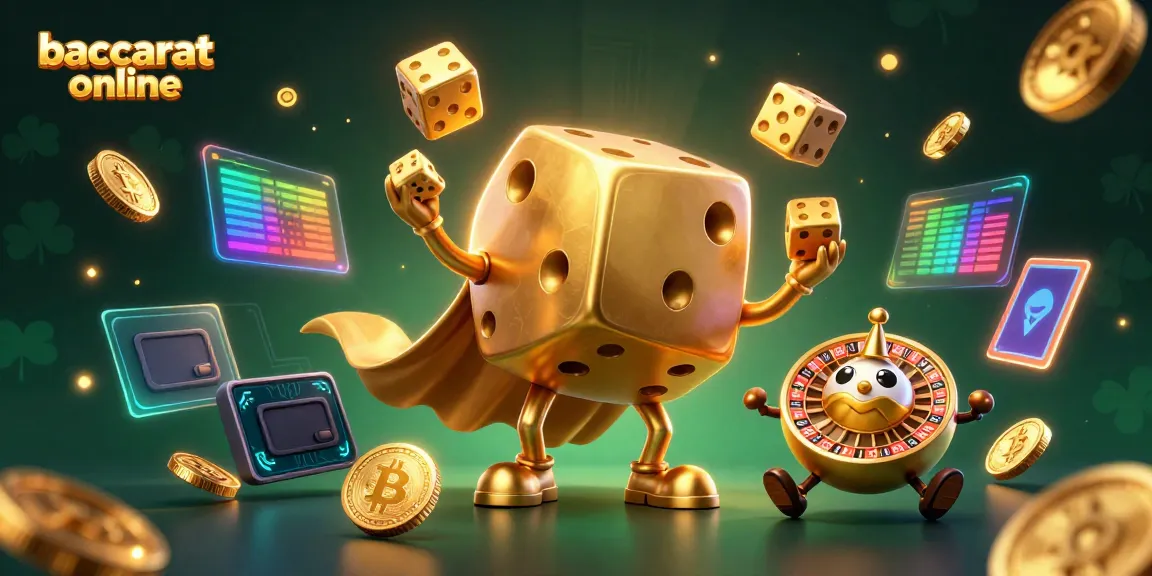 Experience baccarat online with a dynamic golden dice golem and crypto elements in a vibrant 3D scene.