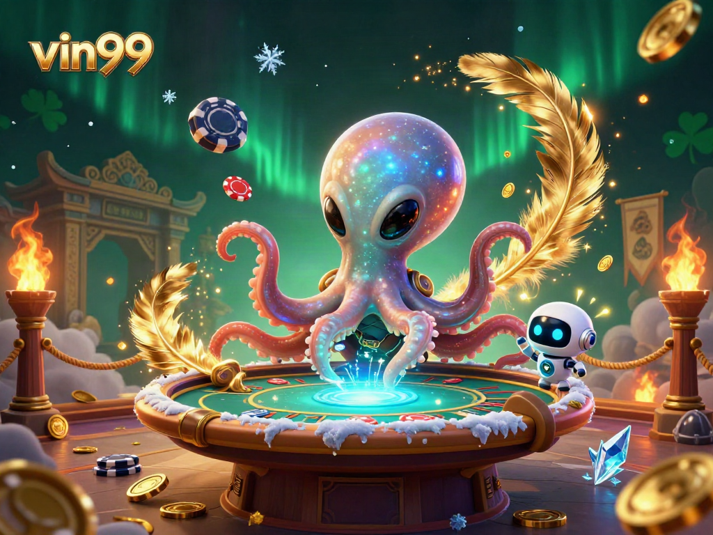 vin99 showcases a vibrant scene of an octopus and robot playing poker amidst swirling golden feathers and cosmic elements