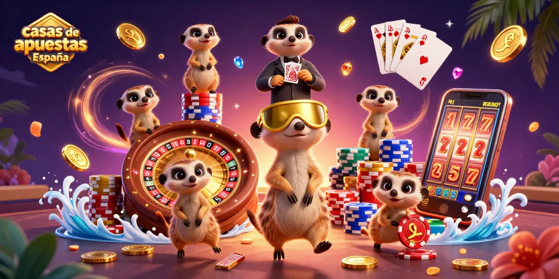 Las casas de apuestas en España muestran un dinámico casino con suricatos y juegos brillantes.