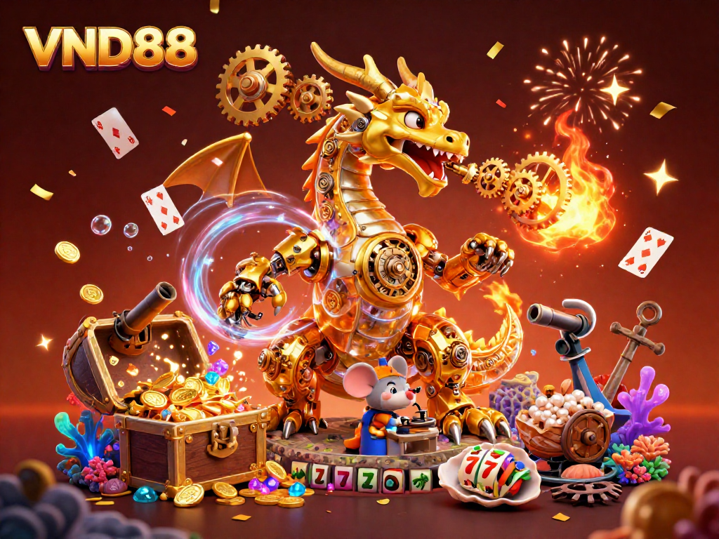 Experience VND88 thrills with a vibrant 3D dragon scene full of casino action and treasure.