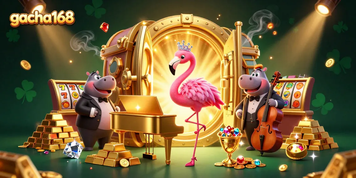 Experience excitement with gacha168's 3D casino scene featuring vibrant characters and slot elements.