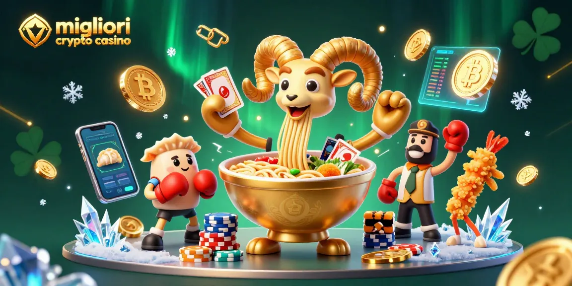 Migliori crypto casino: eccitante scena di gioco con un immenso ramen dorato e personaggi unici, tra Bitcoin e Ethereum