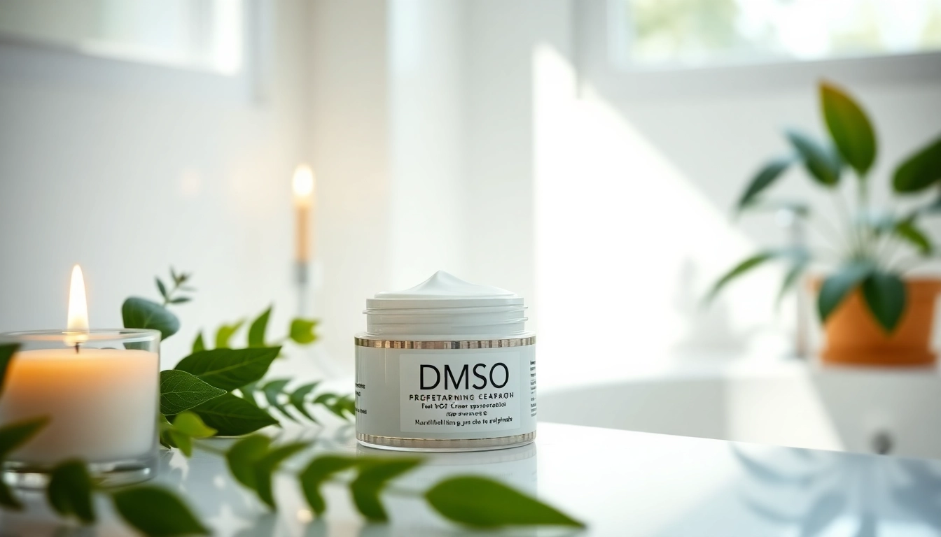 Apply dmso cream in a serene bathroom setting with green plants and a soothing ambiance.
