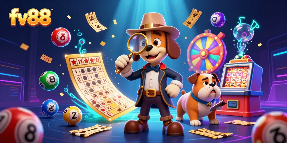 Join the FV88 adventure as the detective and bulldog explore golden poker clues amidst vibrant game elements.