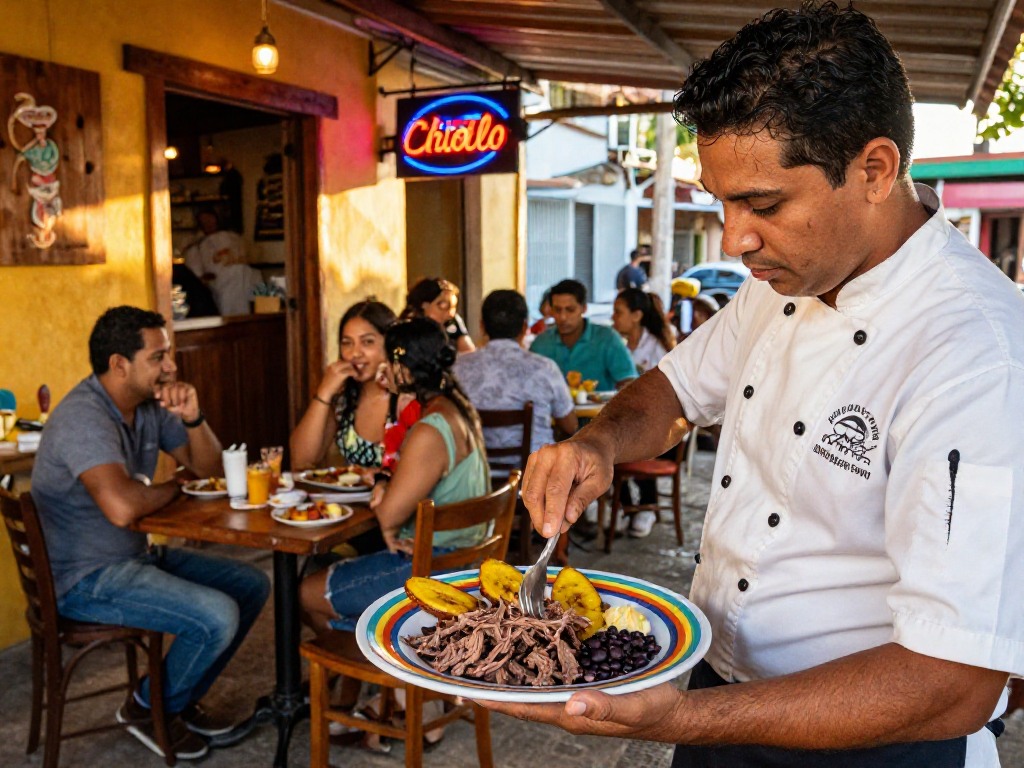 Experience the best pabellon criollo near me in a vibrant street cafe scene with fresh ingredients and joyful diners.