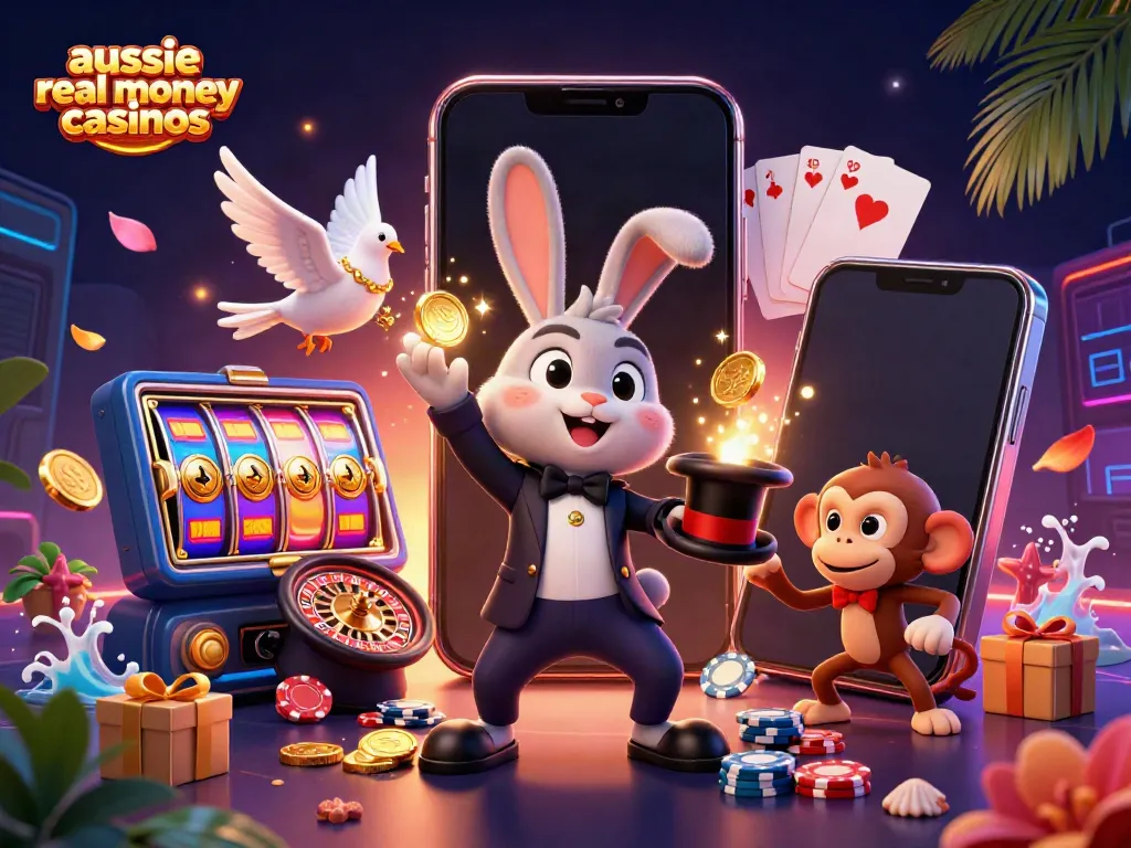 Engaging scene of aussie real money casinos featuring a magician rabbit, a dove, and a monkey with casino elements.
