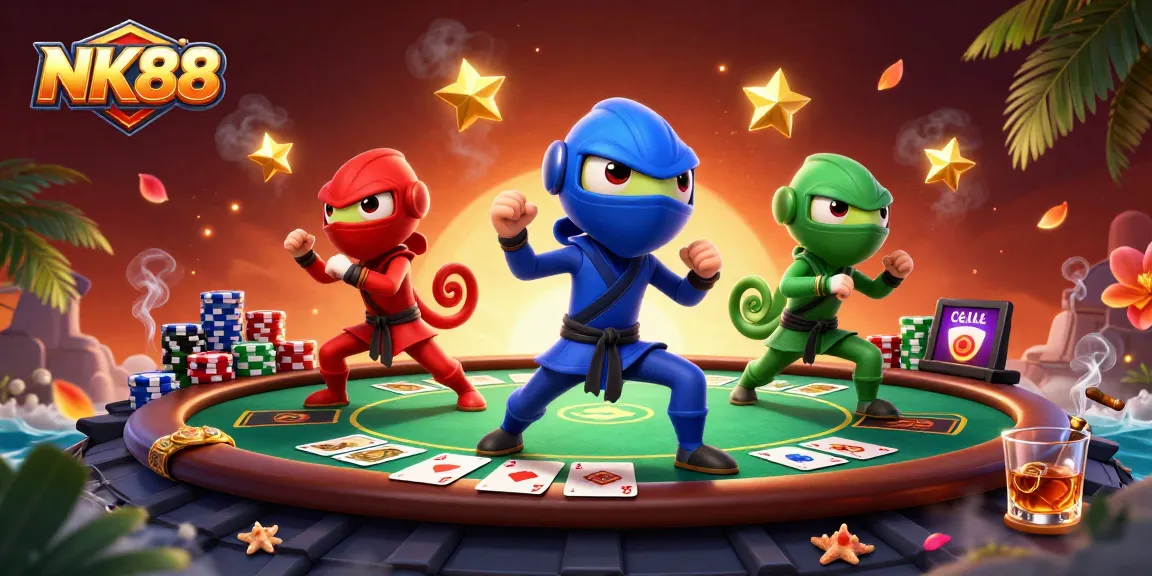 Experience the thrilling excitement of NK88's poker scene with dynamic characters and vibrant casino elements.