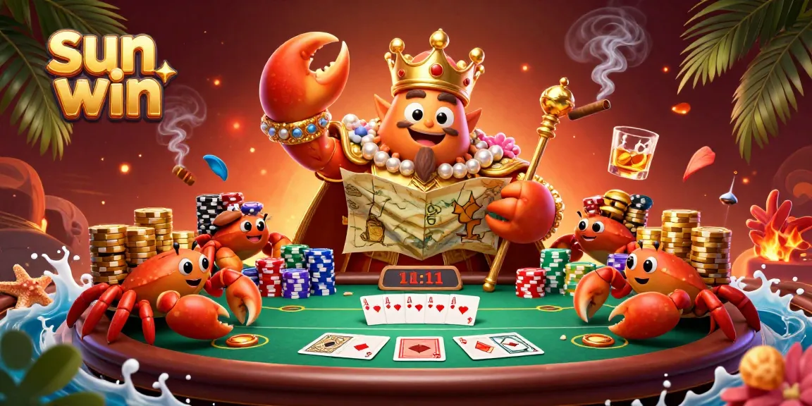 Experience thrilling poker action with sun win in a vibrant casino scene filled with a golden crab emperor.
