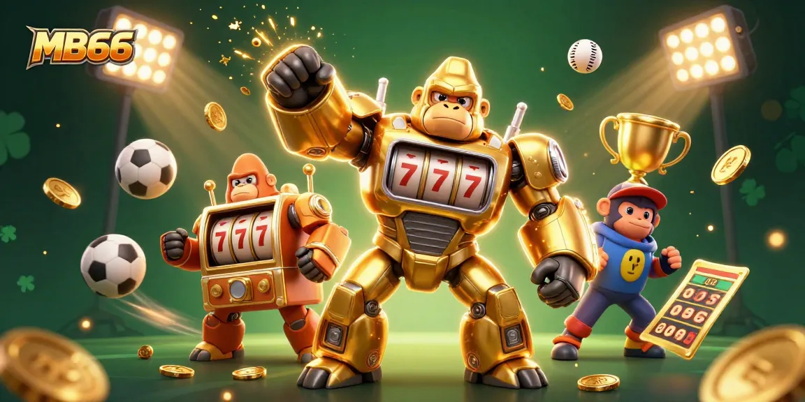 Engage with high-energy MB66 sports betting illustration featuring a golden gorilla mech amidst dynamic game elements.