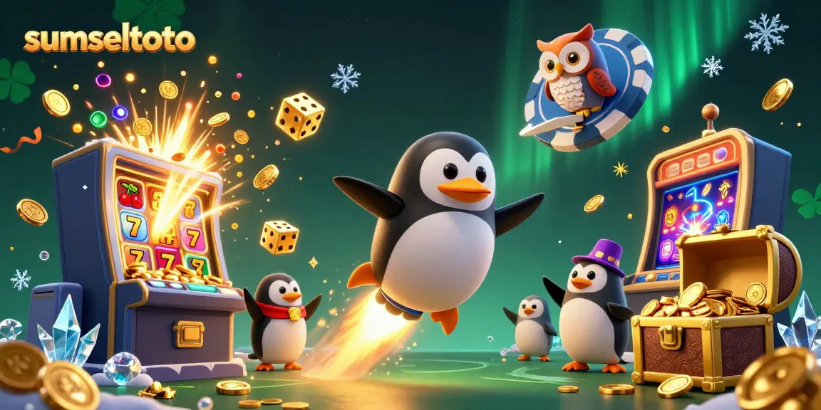 Experience thrilling gaming at sumseltoto with a golden penguin soaring towards a jackpot-filled casino.