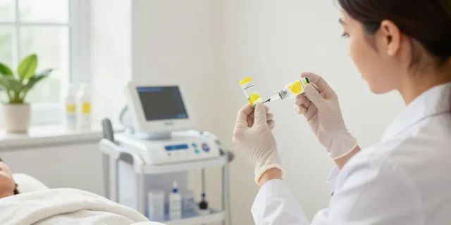 Practitioner administering a lemon bottle peptide injection in a bright clinic.