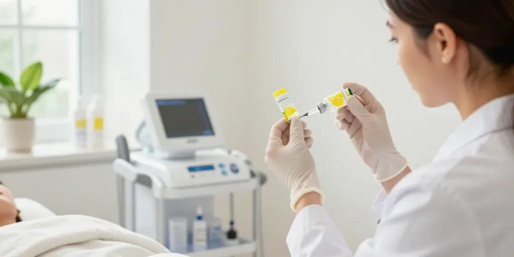 Practitioner administering a lemon bottle peptide injection in a bright clinic.