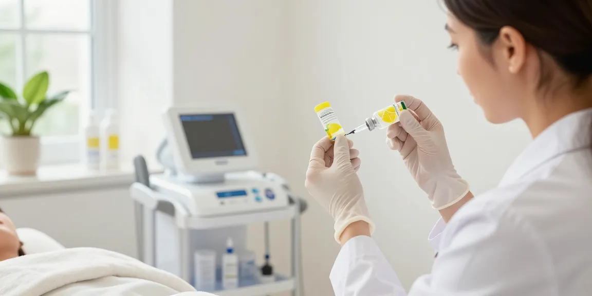Practitioner administering a lemon bottle peptide injection in a bright clinic.