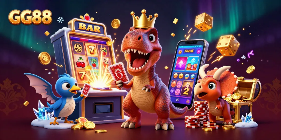 GG88 slot and casino excitement with T-Rex shuffling cards and jackpot elements around