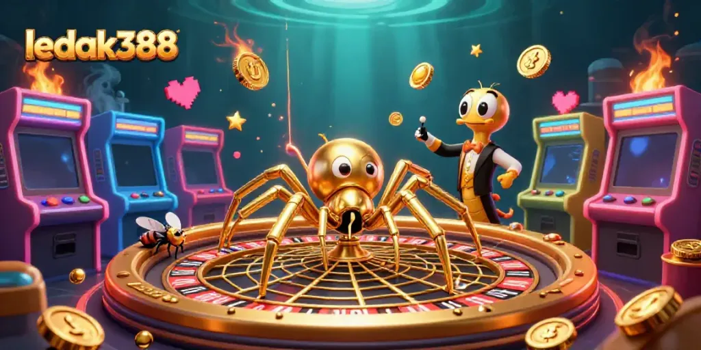 Taruhan ledak388 di platform permainan dengan web emas dan mesin arcade cerah.