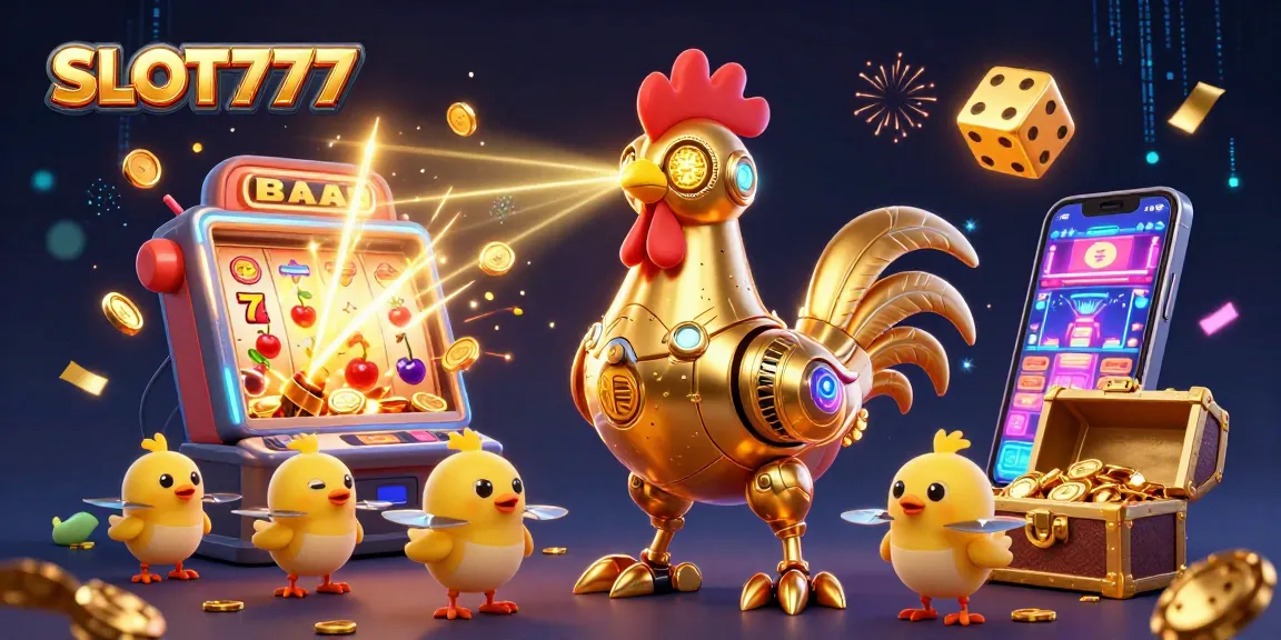 SLOT777 showcases an exciting jackpot scene with a golden rooster robot and baby chick drones, bursting with casino game elements.