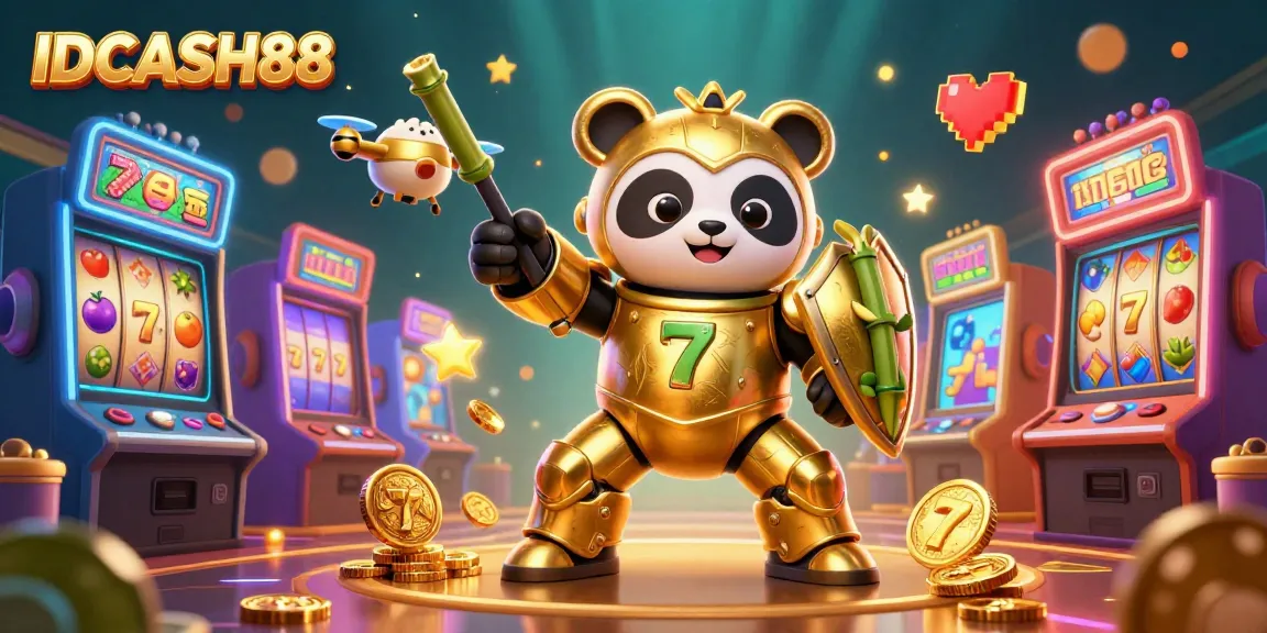 Experience thrilling slot gameplay with IDCASH88's festive 3D cartoon scene of a mech-suit panda in a vibrant arena.