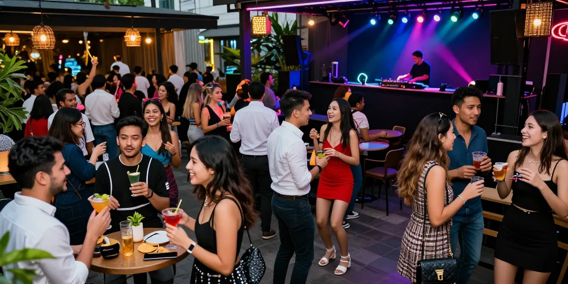 Exciting nightlife scene at a 유흥사이트 with lively patrons enjoying drinks and music outdoors.