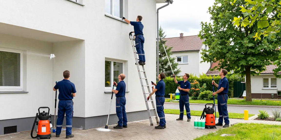Professionelle Reinigung Blomberg: Team reinigt Fassade mit umweltschonenden Mitteln.