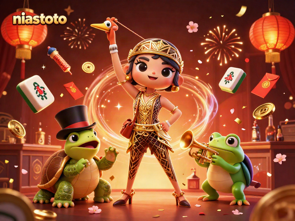 Engage with niastoto's vibrant 3D illustration of a striking flapper crane, a turtle in a top hat, and a trumpet-playing frog amid festive gambling elements.