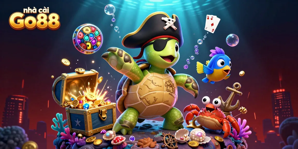 Engage with nhà cái Go88's colorful casino adventure featuring a pirate turtle and treasure