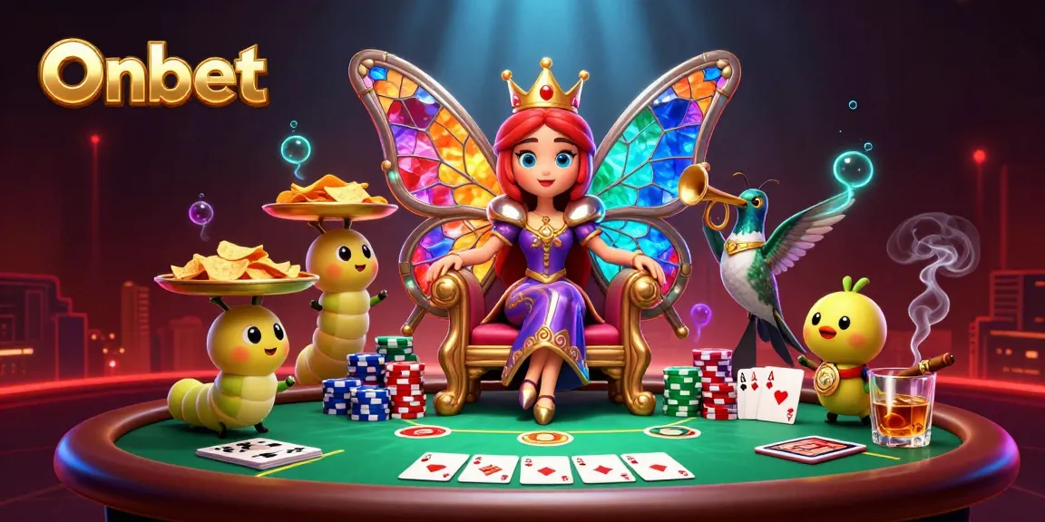 Onbet showcases a vibrant 3D scene with a majestic butterfly queen, poker elements, and colorful chips.