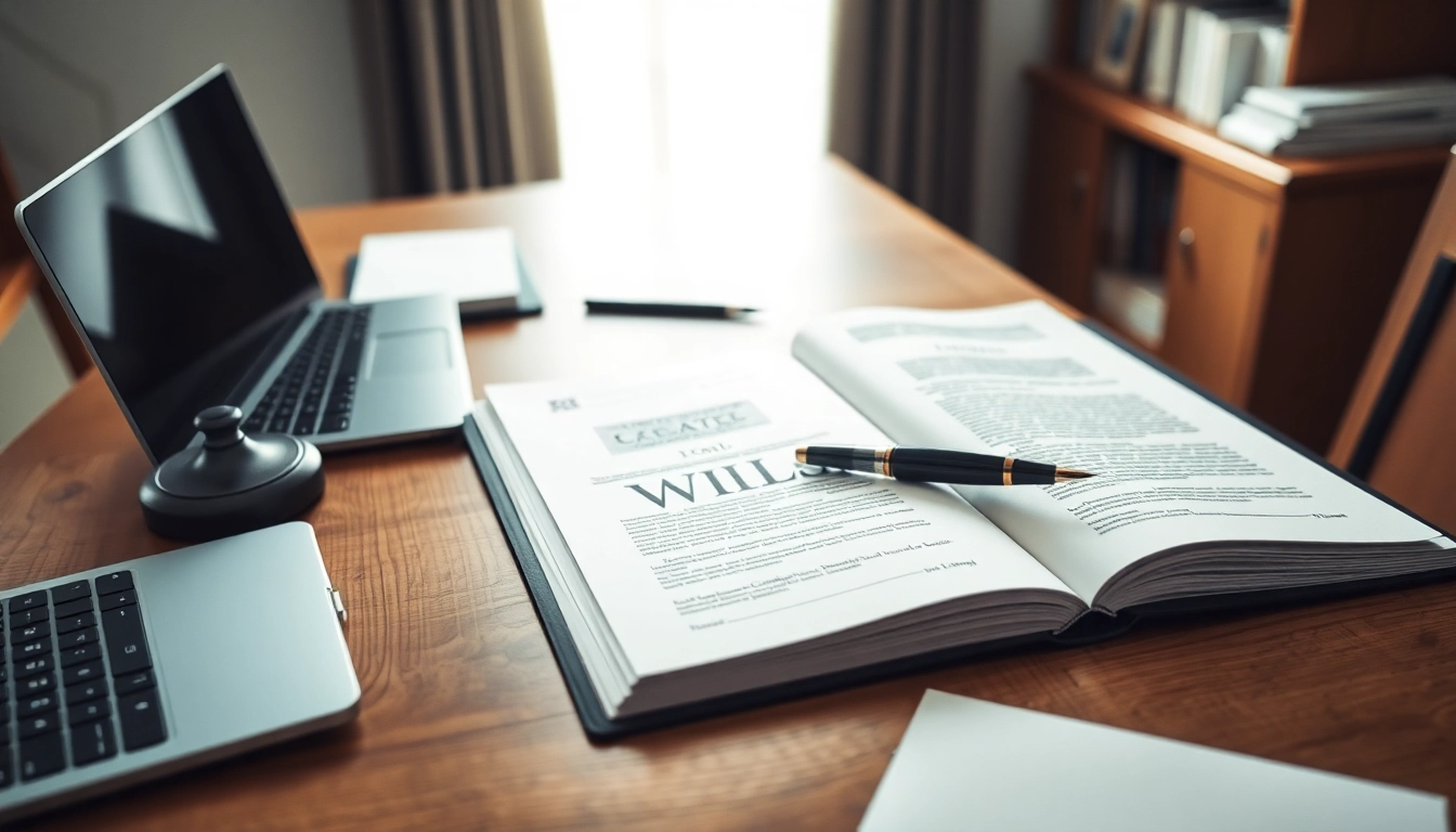 Showcasing wills and legal documents on a professional desk with a pen and books