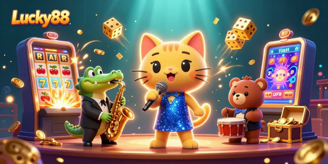 Experience the excitement of Lucky88 with a vibrant casino scene of characters and jackpots.