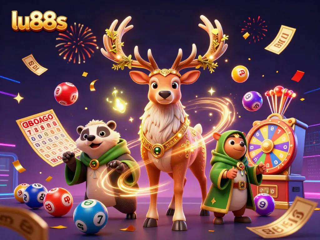 Experience the excitement of lu88s with lottery elements, colorful balls, and festive celebration in a dynamic scene.