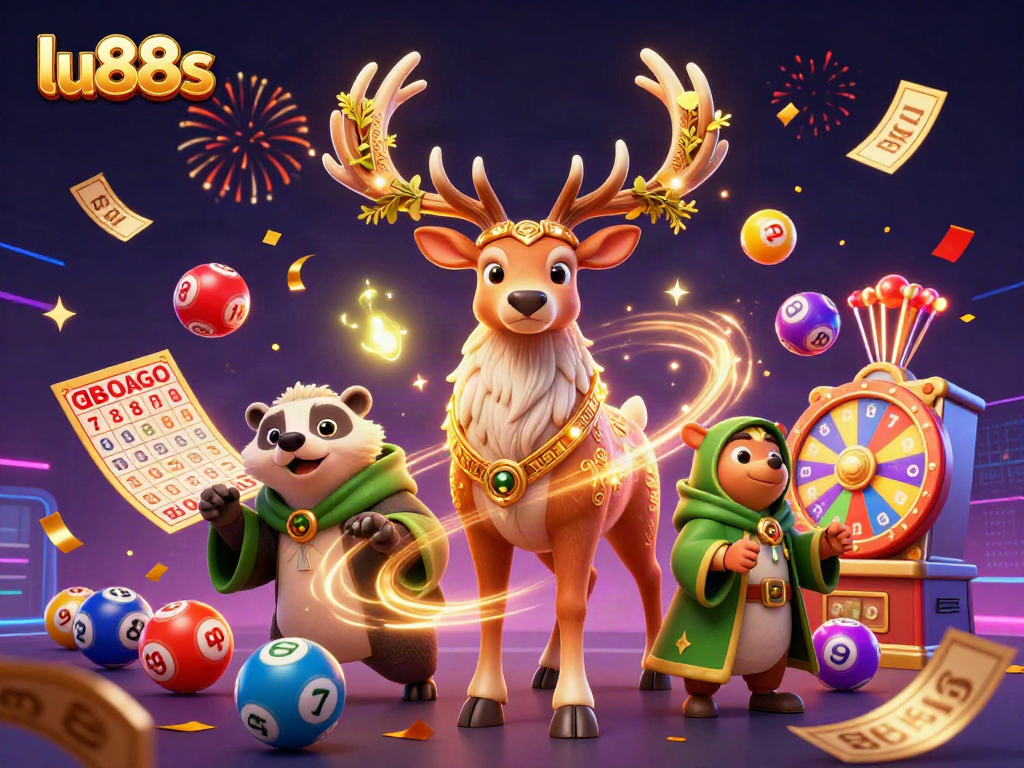 Experience the excitement of lu88s with lottery elements, colorful balls, and festive celebration in a dynamic scene.