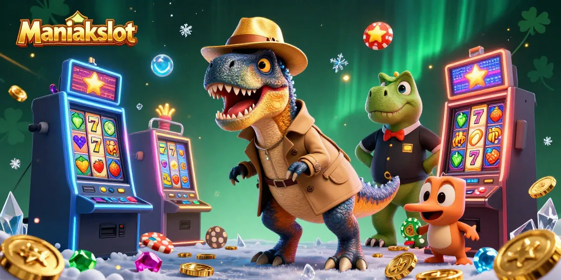 Engage with thrilling Maniakslot experiences at a vibrant casino scene filled with dinosaurs.