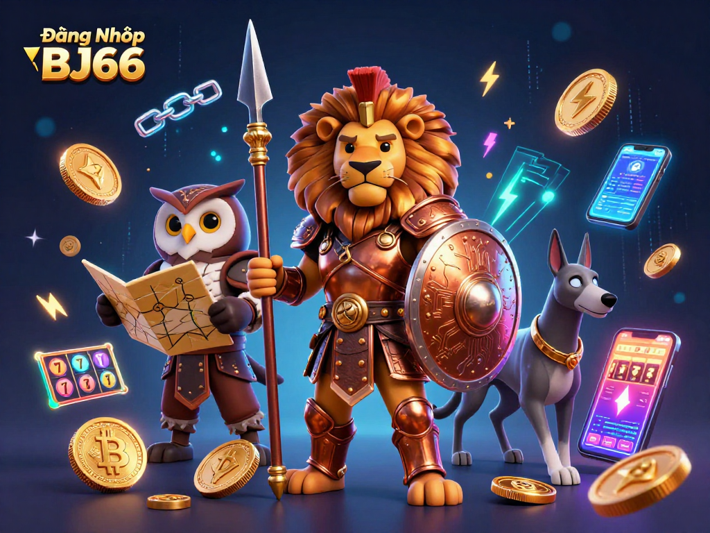 Đăng Nhập BJ66 với chủ đề cá cược sống động, thể hiện slot, biểu tượng jackpot và nhân vật 3D độc đáo.
