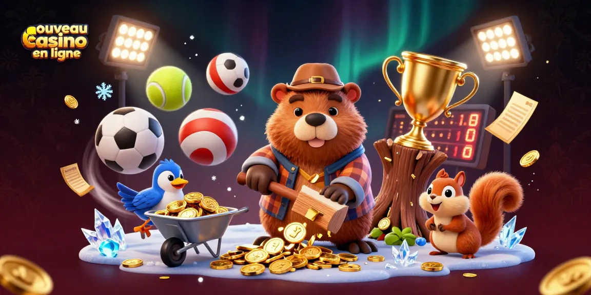 Illustration dynamique d'un nouveau casino en ligne avec des personnages cartoon, des pièces d'or et des éléments sportifs.