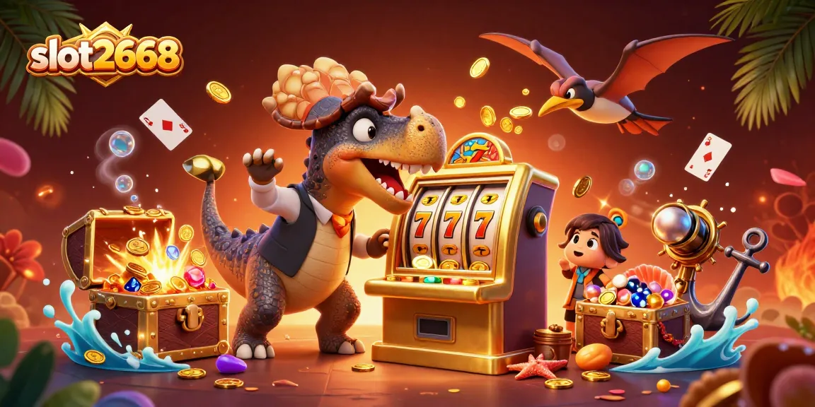 Experience the excitement of slot2668 as a pachycephalosaurus triggers a jackpot, surrounded by vibrant casino elements.