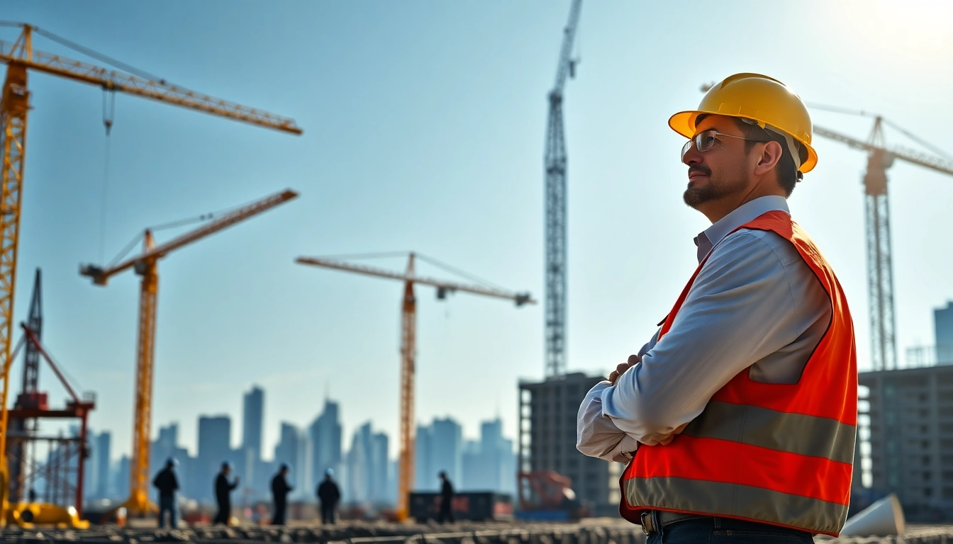 New Jersey Construction Manager supervising a bustling construction site with cranes and workers.