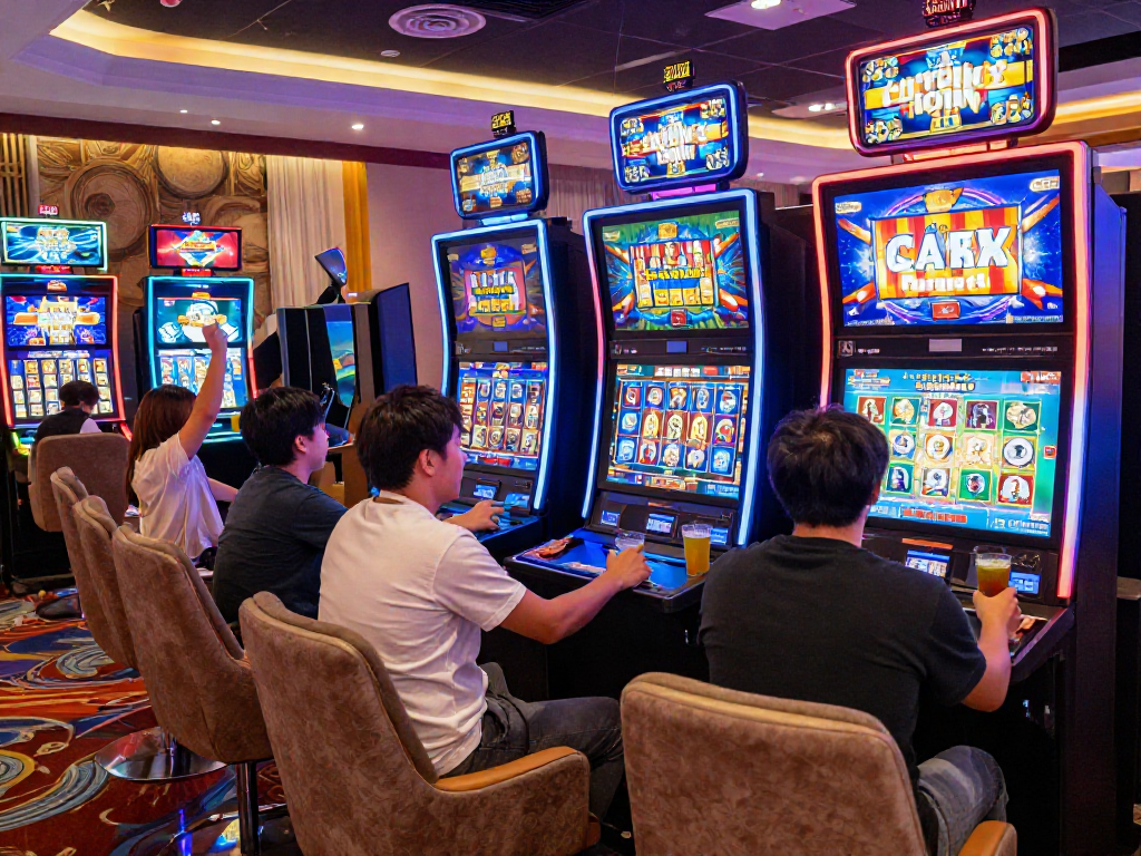 Pengalaman bermain slot88 di kasino online dengan pemain antusias dan grafis warna-warni.