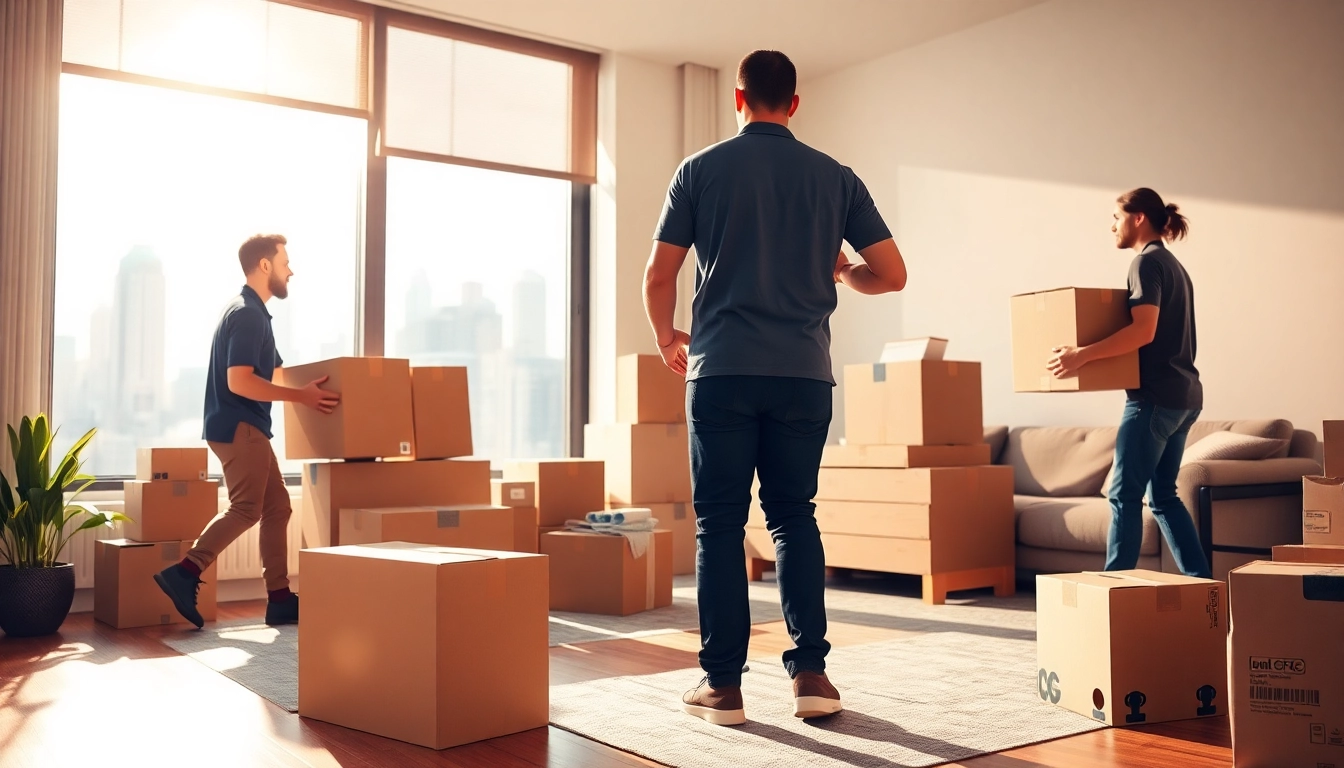 Residential movers nyc expertly handling boxes in a bright apartment, showcasing professionalism and care.