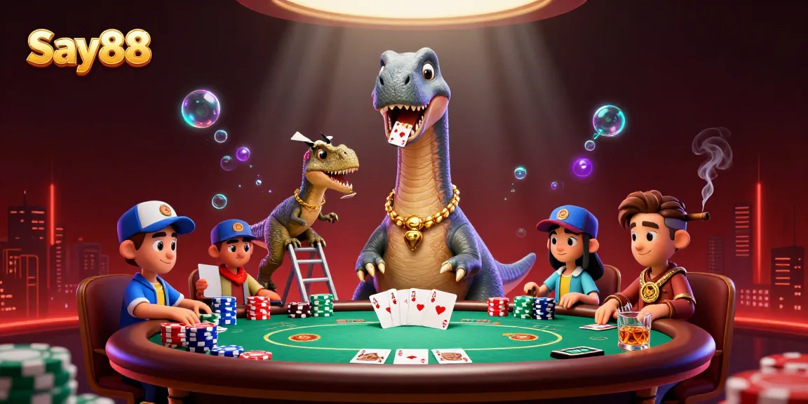 Experience thrilling poker action with Say88, featuring a dinosaur dealer and vibrant casino atmosphere.